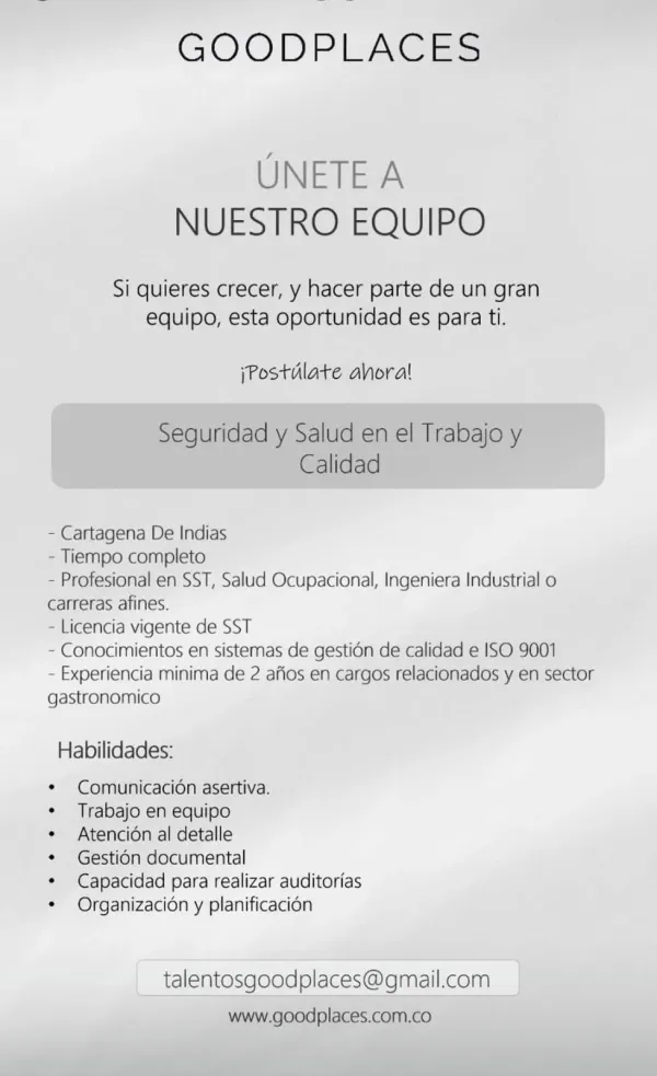 Flyer de la vacante de Seguridad y Salud en el Trabajo y Calidad en GoodPlaces, Cartagena de Indias, con requisitos y correo de contacto.