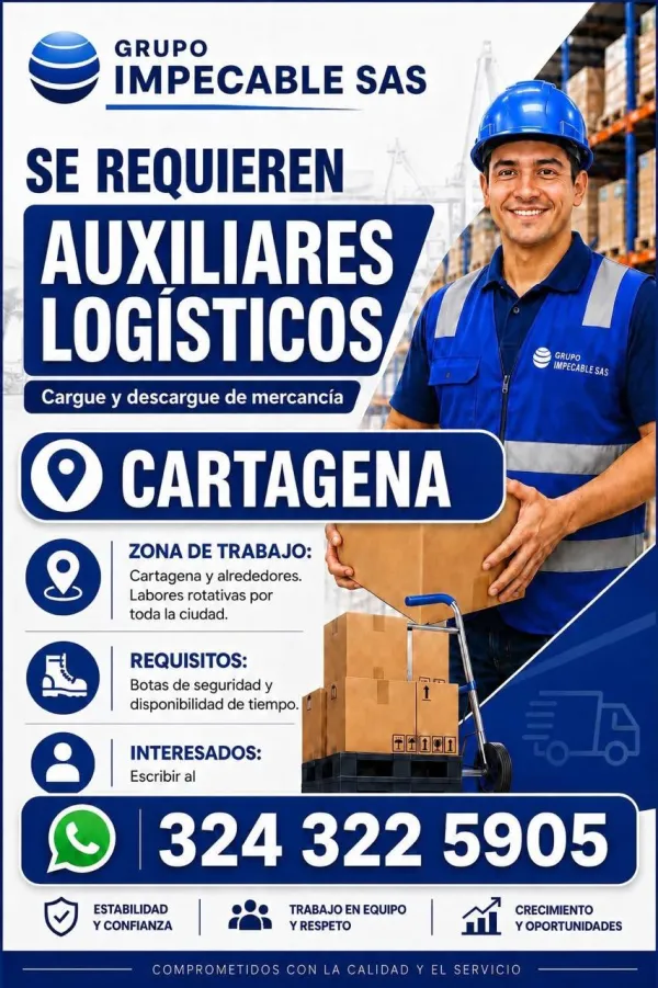 Flyer de la vacante de Auxiliares Logísticos de cargue y descargue en Grupo Impecable SAS, Cartagena.