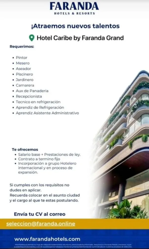Flyer de vacantes del Hotel Caribe by Faranda Grand en Cartagena: pintor, mesero, aseador, piscinero, jardinero, camarera, auxiliar de panadería, recepcionista y técnicos en refrigeración.