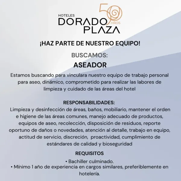 Flyer de la vacante de Aseador en Hoteles Dorado Plaza, Cartagena, con responsabilidades y requisitos del cargo.