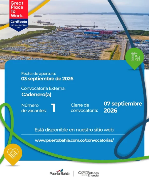 Flyer de la convocatoria externa de Cadenero en Puerto Bahía, Cartagena, con cierre el 7 de septiembre de 2026.