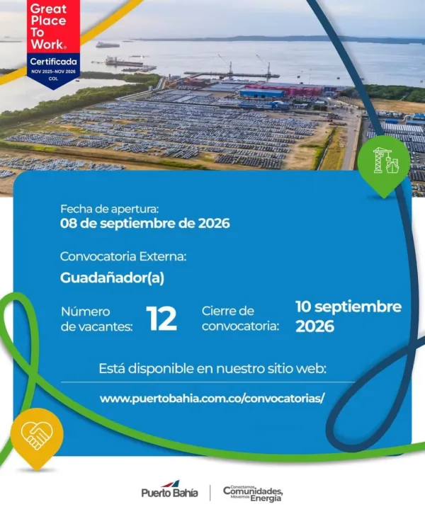 Flyer de la convocatoria externa de Guadañador en Puerto Bahía, Cartagena, con 12 vacantes y cierre el 10 de septiembre de 2026.