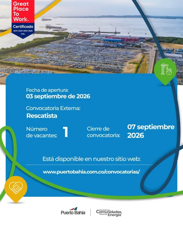 Flyer de la convocatoria externa de Rescatista en Puerto Bahía, Cartagena, con cierre el 7 de septiembre de 2026.