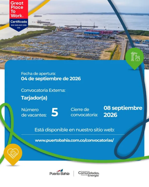 Flyer de la convocatoria externa de Tarjador en Puerto Bahía, Cartagena, con 5 vacantes y cierre el 8 de septiembre de 2026.